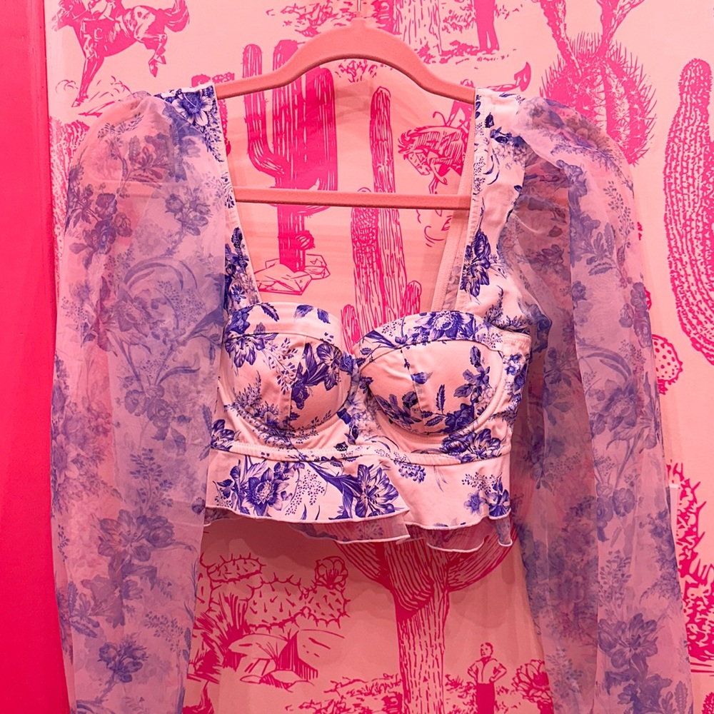 ASOS Blue Floral Crop Top with Sheer Sleeves